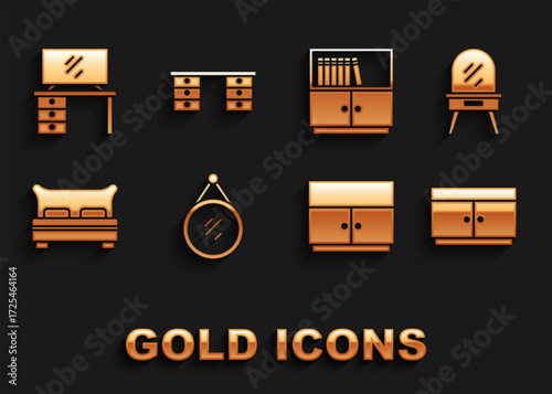 Set Mirror, Dressing table, Chest of drawers, Wardrobe, Big bed, Library bookshelf, TV stand and Office desk icon. Vector