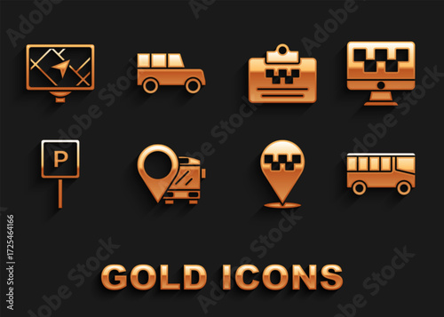 Set Location with bus, Computer call taxi service, Bus, Parking, Taxi driver license, Gps device map and Car icon. Vector