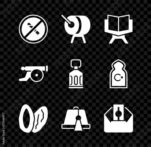 Set No Smoking, Ramadan drum, Holy book of Koran, Date fruit, Turkish hat, Donate pay your zakat, cannon and Kareem lantern icon. Vector