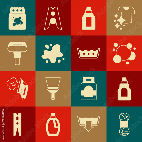Set Yarn, Bottle for cleaning agent, Soap water bubbles, Water spill, Garment steamer, Laundry detergent and Temperature wash icon. Vector
