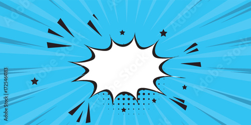 Pop art halftone background. Comic starburst pattern. Blue banner with star speech bubble. Vintage duotone texture. Gradient wow design. Cartoon superhero print. Vector illustration.