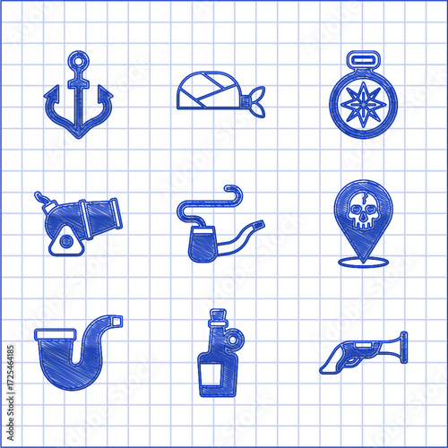 Set Smoking pipe, Alcohol drink Rum, Vintage pistol, Location pirate, Cannon, Compass and Anchor icon. Vector