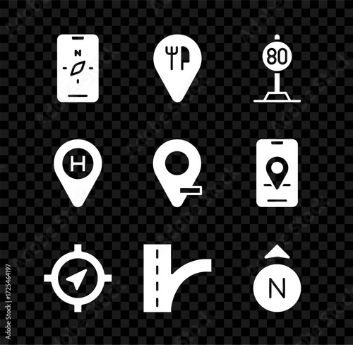 Set Compass on mobile, Cafe and restaurant location, Speed limit traffic, Road sign, Helicopter landing pad and Location icon. Vector