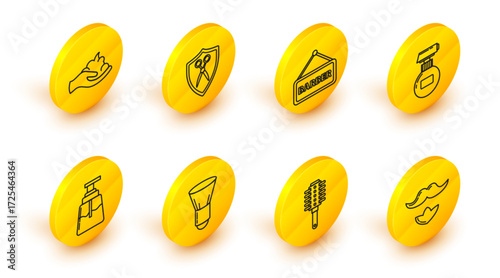 Set line Mustache and beard, Hairbrush, Shaving, Aftershave, Cream or lotion cosmetic tube, Barbershop, Scissors hairdresser shield and gel foam hand icon. Vector