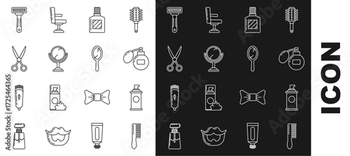 Set line Hairbrush, Shaving gel foam, Aftershave, Hand mirror, Scissors hairdresser, razor and icon. Vector