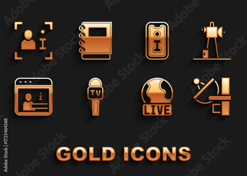 Set Microphone, Antenna, Radar, Live report, Information, Television and Notebook icon. Vector