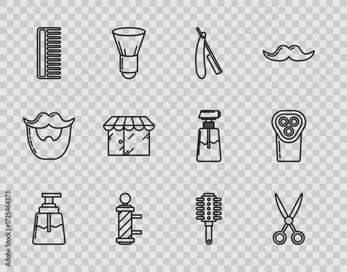 Set line Aftershave, Scissors hairdresser, Straight razor, Classic Barber shop pole, Hairbrush, Barbershop building, and Electrical clipper shaver icon. Vector