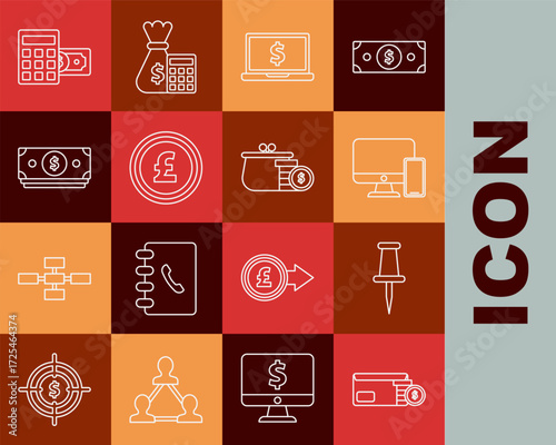 Set line Envelope with coin dollar symbol, Push pin, Computer monitor and mobile phone, Laptop, Coin money pound sterling, Stacks paper cash, Calculator and Wallet coins icon. Vector