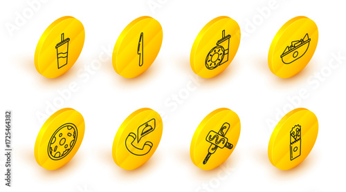 Set line Doner kebab, Ice cream, Food ordering, Pizza, Nachos plate, Paper glass with drinking straw and donut, Knife and water icon. Vector