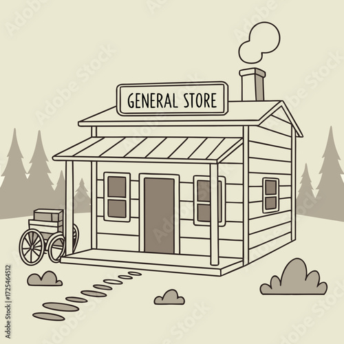Vector art of a general store with a wagon and smoke coming from the chimney