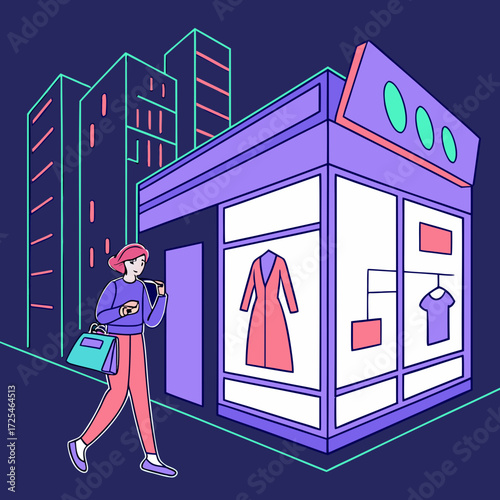 Illustration of a woman shopping in the city with a clothing store nearby