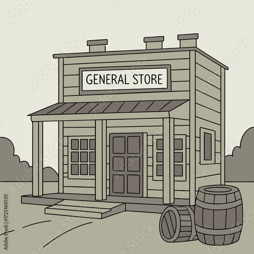 Vector art of a vintage general store with barrels in front of it in monochrome
