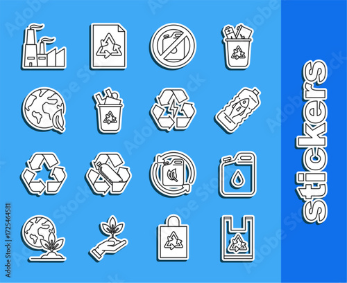Set line Plastic bag with recycle, Canister for gasoline, Stop ocean plastic pollution, No canister, Recycle bin symbol, Earth globe and leaf, Factory and Battery icon. Vector