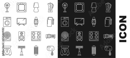Set line Electric mixer, Power bank with different charge cable, Table lamp, Smart Tv, Washer, fan and watch showing heart beat rate icon. Vector