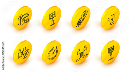 Set line Sport football mechanical scoreboard and result display, Binoculars, Stopwatch, american, Number 1 one fan hand glove with finger raised, American Football, and helmet icon. Vector