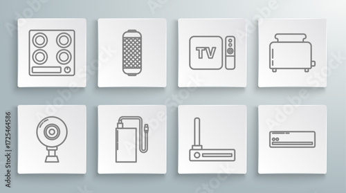 Set line Web camera, Power bank with different charge cable, Router and wi-fi signal, Air conditioner, TV box receiver player remote controller, Toaster toasts and Gas stove icon. Vector