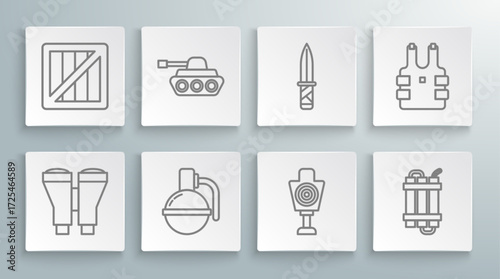 Set line Binoculars, Military tank, Hand grenade, Human target sport for shooting, Detonate dynamite bomb stick, knife, Bulletproof vest protection from bullets and ammunition box icon. Vector