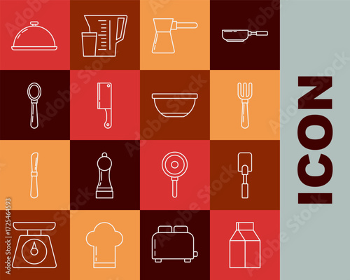 Set line Paper package for milk, Spatula, Fork, Coffee turk, Meat chopper, Spoon, Covered with tray food and Bowl icon. Vector