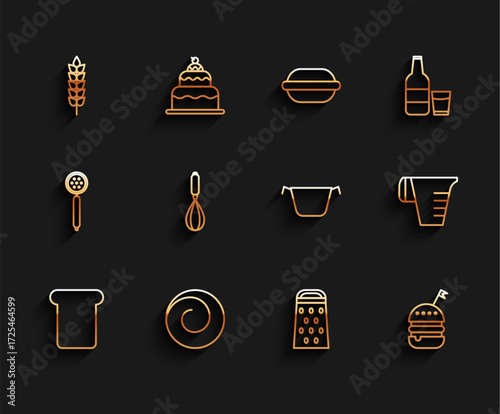 Set line Bread toast, Roll bun with cinnamon, Cereals rice, wheat, corn, oats, rye, Grater, Burger, Kitchen whisk, Measuring cup and Cooking pot icon. Vector