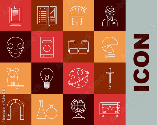 Set line Computer monitor with cardiogram, Pipette, Pie chart infographic, Astronomical observatory, Book, Extraterrestrial alien face, Clipboard document and Glasses icon. Vector