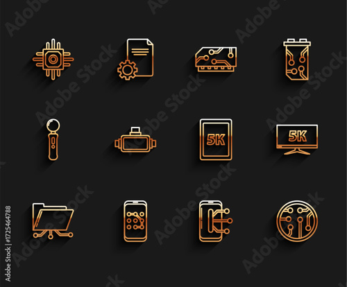 Set line Folder and lock, Mobile graphic password protection, Processor, Smartphone, mobile phone, Virtual reality glasses, Monitor display with 5k video and Tablet text icon. Vector