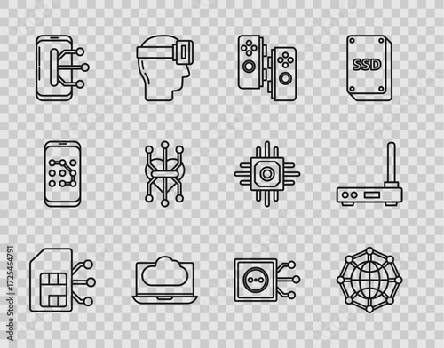 Set line Sim card, Global technology or social network, Gamepad, Cloud data transfer and storage, Smartphone, mobile phone, Processor, Remote control and Router wi-fi signal icon. Vector