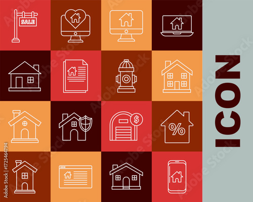 Set line Mobile phone with smart home, House percant discount tag, Home symbol, Computer monitor, contract, Hanging sign text Sale and Fire hydrant icon. Vector