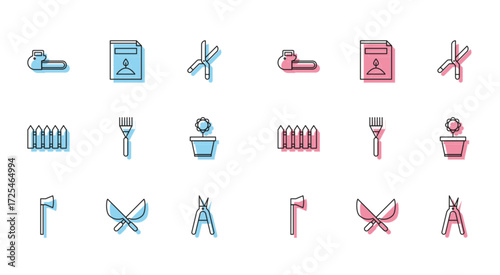 Set line Wooden axe, Gardening handmade scissors, Chainsaw, rake, Flower pot, fence wooden and A pack full of seeds of specific plant icon. Vector