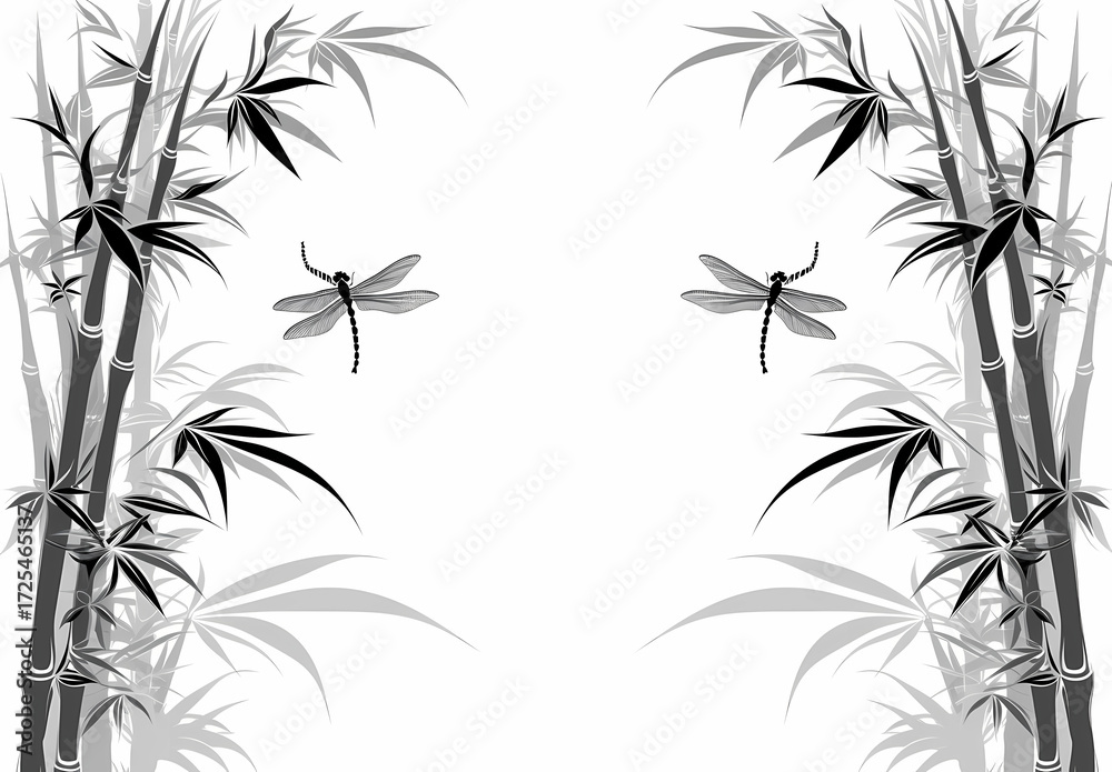 Naklejka premium Asian Ink Style Dragonflies and Bamboo Elegant Minimalist Illustration