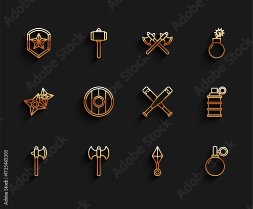 Set line Medieval axe, Police badge, Japanese ninja shuriken, Hand grenade, Round wooden shield, and Crossed baseball bat icon. Vector