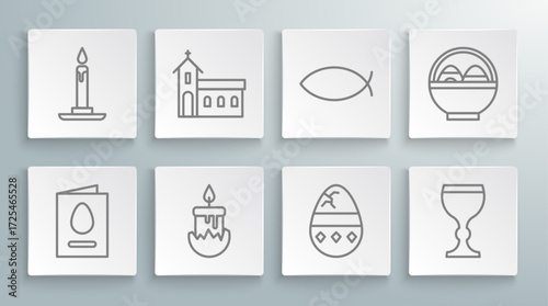 Set line Greeting card with Happy Easter, Church building, Burning candle, Cracked egg, Wine glass, Christian fish, Basket easter eggs and candlestick icon. Vector