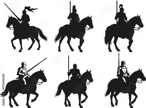 Knight on horseback silhouette, medieval warrior, jousting pose, armor figure, black design, battle icon, fantasy theme, vector art, historic rider, lance motion
