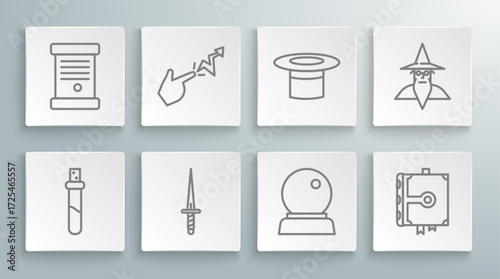 Set line Bottle with love potion, Spell, Dagger, Magic ball, Ancient magic book, Magician hat, Wizard warlock and Decree, paper, parchment, scroll icon. Vector