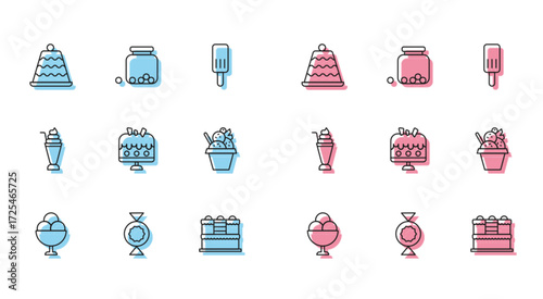 Set line Ice cream in bowl, Candy, Cake, on plate, Milkshake and Glass jar with candies inside icon. Vector