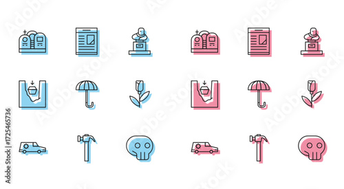 Set line Hearse car, Hammer, Grave with tombstone, Skull, Umbrella, Flower rose, Coffin in grave and Obituaries icon. Vector