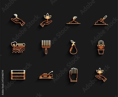 Set line Wooden box, Lawn mower, Sprout in hand of environmental protection, Garden gloves, Plant, rake work, Flower pot and Pear icon. Vector