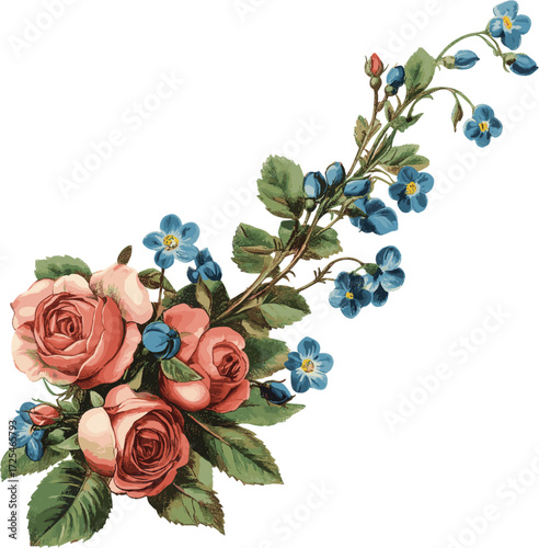a pink rose and blue forget-me-nots corner design clipart, white background, vintage style