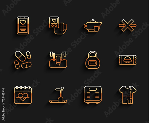 Set line Heart rate, Treadmill machine, Medical clipboard, Bathroom scales, Sport track suit, Bench with barbel, Sports nutrition and Kettlebell icon. Vector