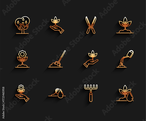 Set line Hand holding flower, Watering sprout, Tree with pears, Garden rake, plant, Shovel the ground, can water and Plant hand of environmental protection icon. Vector