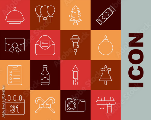 Set line Winter scarf, Merry Christmas ringing bell, ball, tree, party invitation card, postcard, covered with tray and Microphone icon. Vector