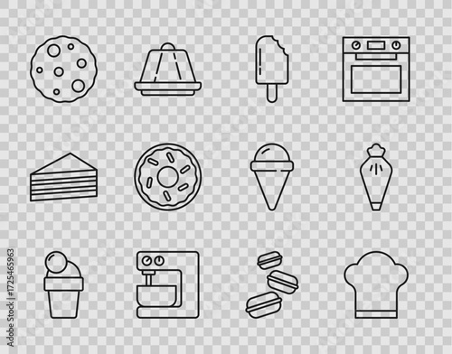 Set line Ice cream, Chef hat, Electric mixer, Cookie or biscuit, Donut, Macaron cookie and Pastry bag icon. Vector