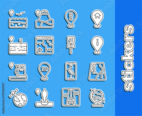 Set line Earth globe, City map navigation, Location with information, Alcohol beer bar location, Infographic of city, Broken road, beach and Road traffic sign icon. Vector