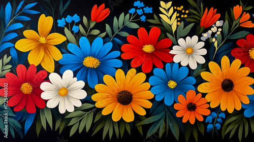 Lively and colorful garden illustration featuring assortment of vibrant stylized red, yellow, blue, white, and orange flowers with green foliage on dark background