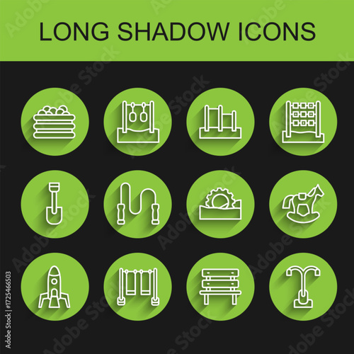 Set line Rocket ship, Double swing, Pool with balls, Bench, Street light, Jump rope, Horse saddle and Ferris wheel icon. Vector