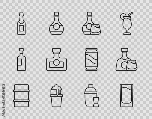 Set line Metal beer keg, Shot glass, Whiskey bottle and, Glass of, Champagne, Alcohol drink Rum, Cocktail shaker and icon. Vector