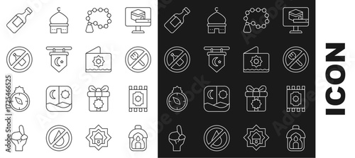 Set line Ramadan Kareem lantern, Traditional carpet, fasting, Rosary beads religion, Star and crescent, No alcohol, Bottle of water and Octagonal star icon. Vector