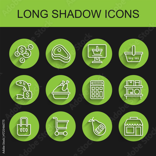 Set line Shopping bag with recycle, cart, Coin money dollar, Healthy organic pear, Market store, Roasted turkey chicken, Warehouse interior boxes and Calculator icon. Vector
