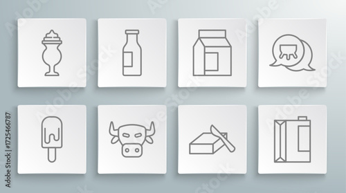 Set line Ice cream, Bottle with milk, Cow head, Butter in butter dish, Paper package for kefir, Udder and Milkshake icon. Vector