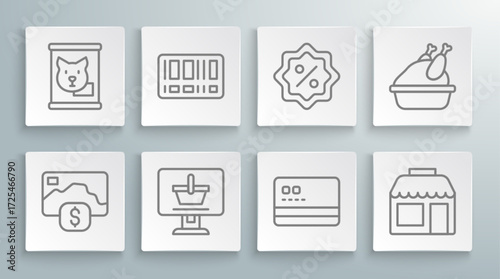Set line Credit card, Barcode, Shopping cart on computer, Market store, Discount percent tag, Roasted turkey chicken and Canned food icon. Vector