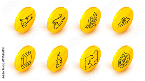 Set line Compass, Pirate treasure map, Alcohol drink Rum, Wooden barrel, hat, coin, Smoking pipe and Cannon icon. Vector